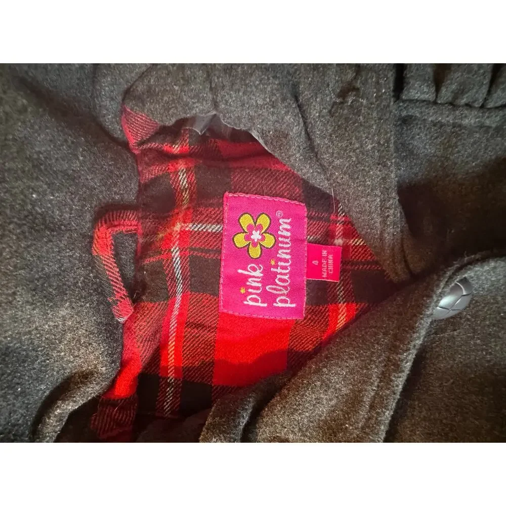 Pink Platinum Girls Charcoal Gray Ruffled Hooded Winter Coat Red Plaid Lining